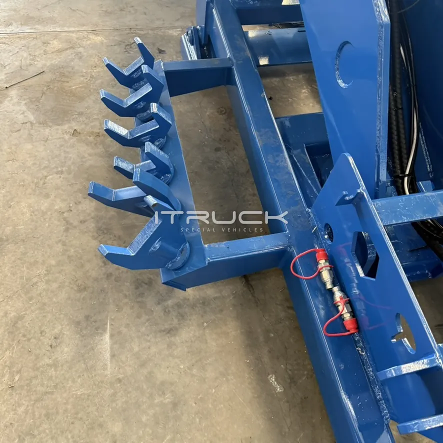 Fork sets stored in a rack on the wrecker frame