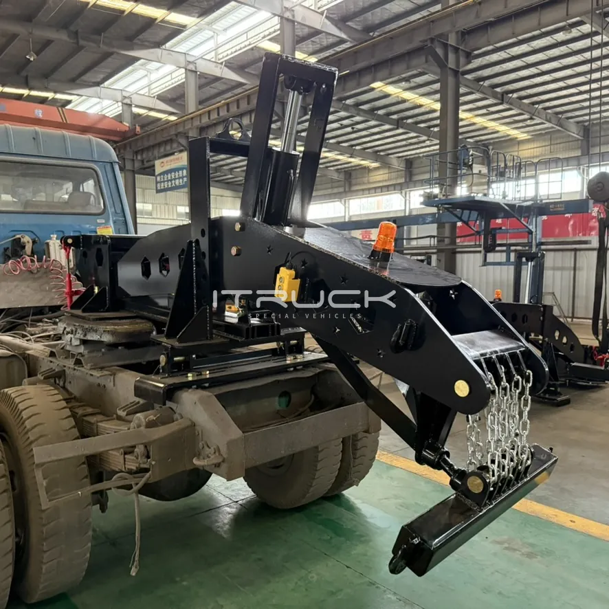Fifth wheel wrecker rear view with underlift and safety chains