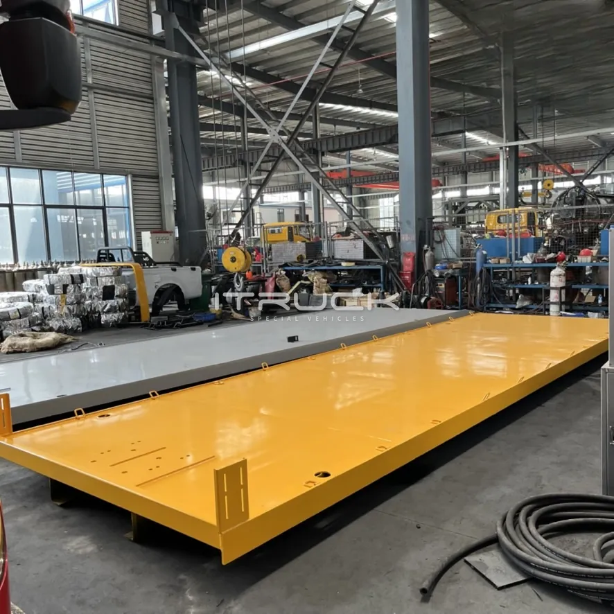 Heavy flatbed decks finished in yellow and grey