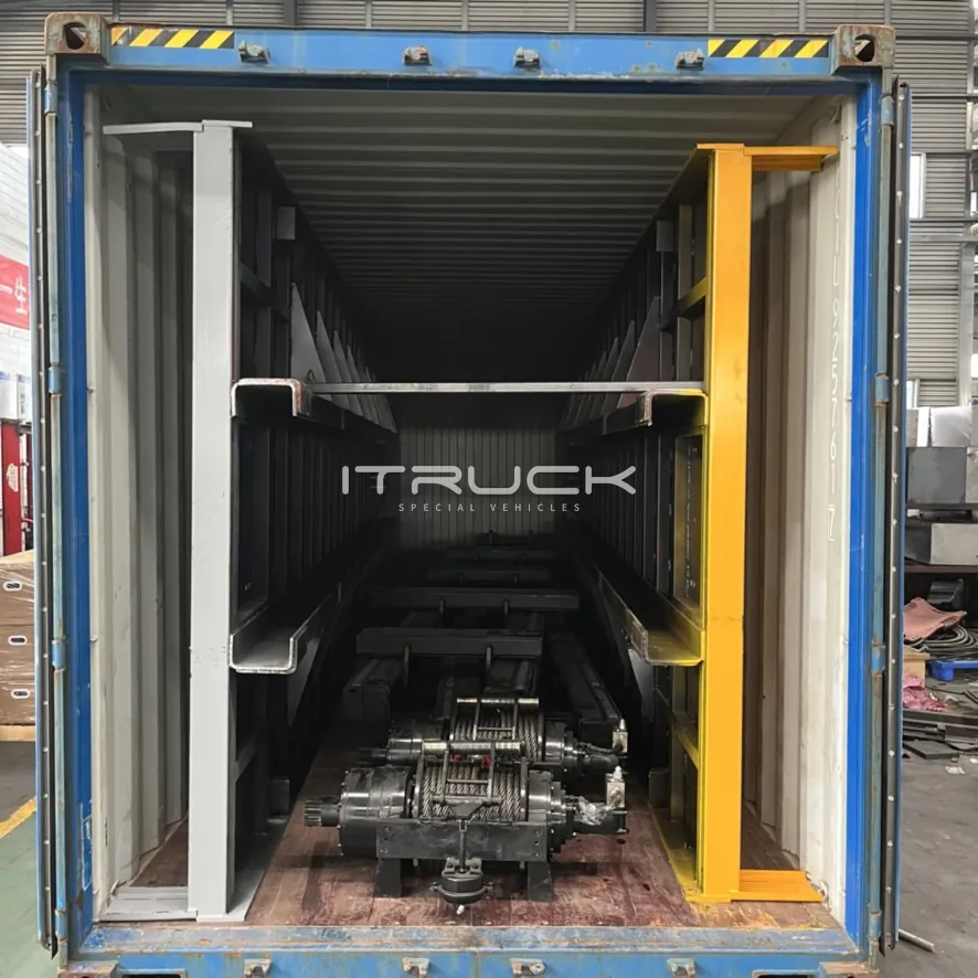 Heavy flatbed decks loaded upright in a 40 ft container