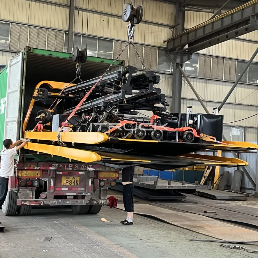 Flatbed units craned into a container
