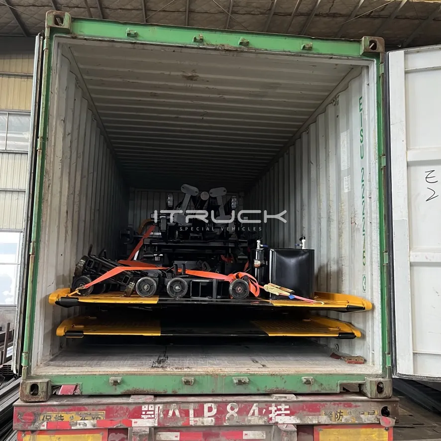 Two flatbed units stacked flat in a container