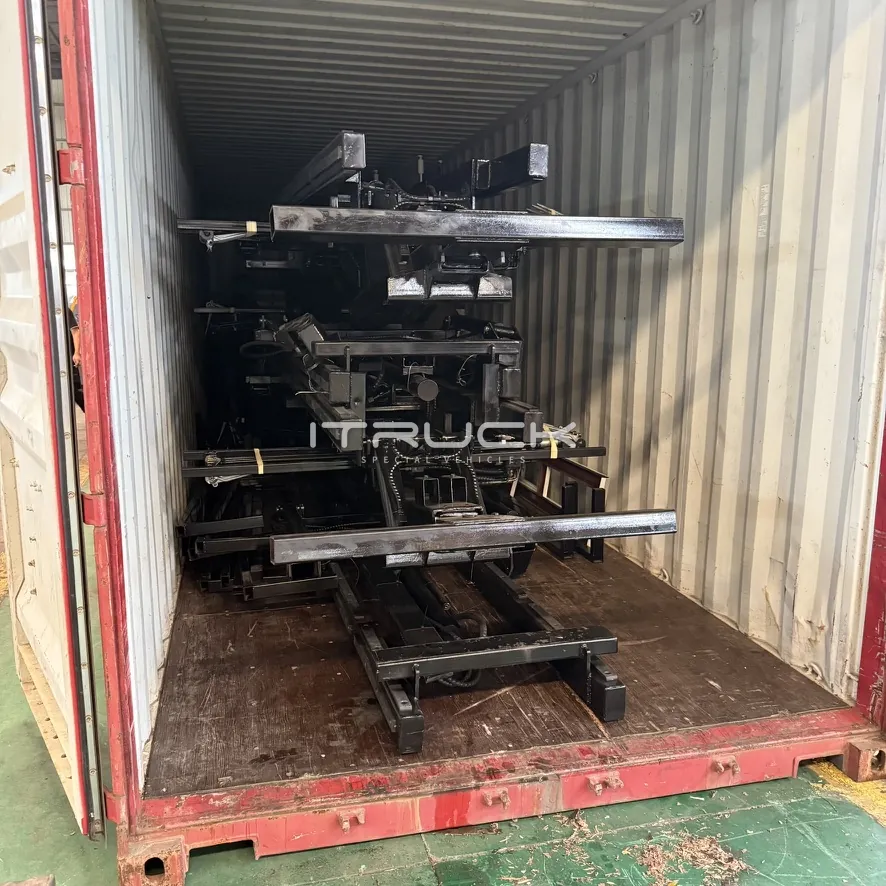 Subframes and wheel lifts stacked in a container