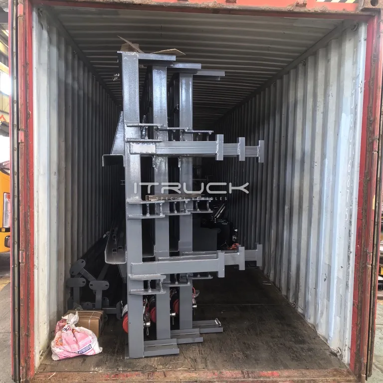 Flatbed beds loaded upright in a 40 ft container