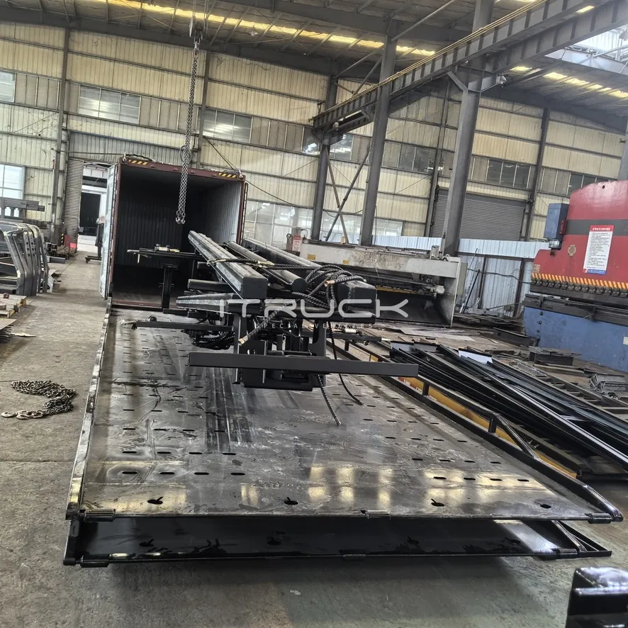 Flatbed deck being loaded into a container