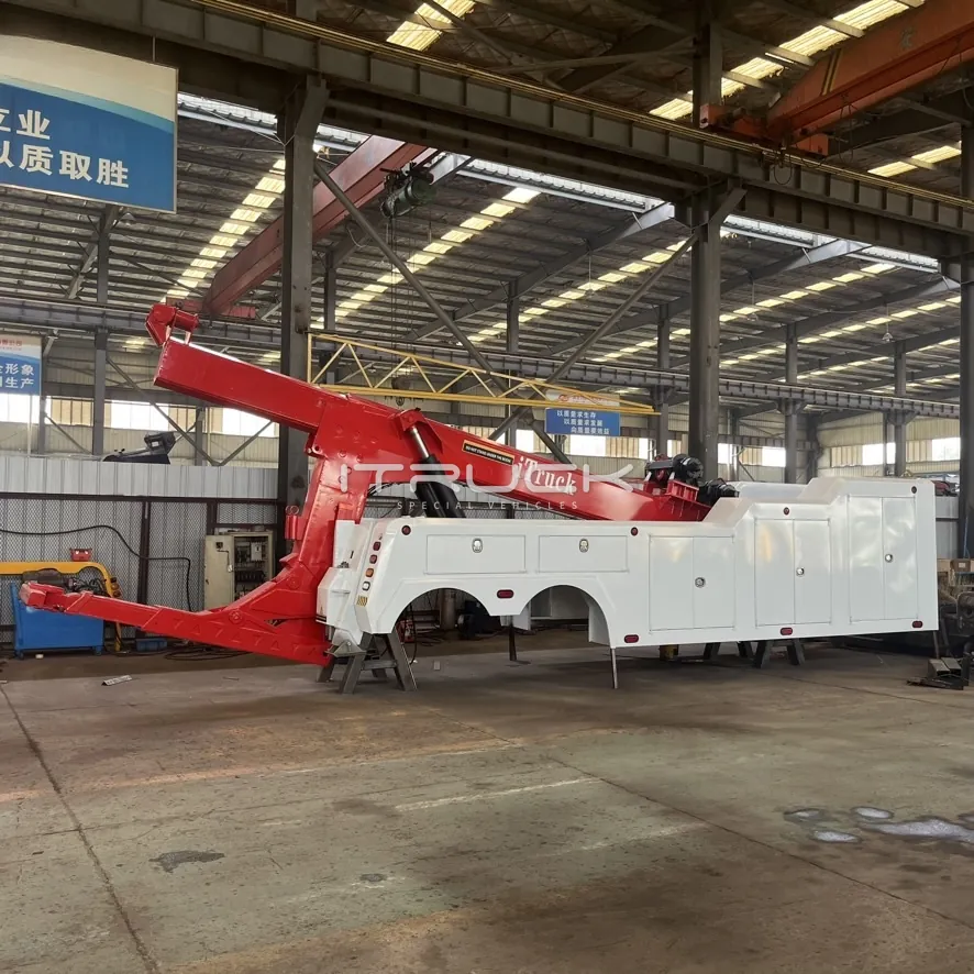 20 t integrated wrecker body with red boom and underlift extended