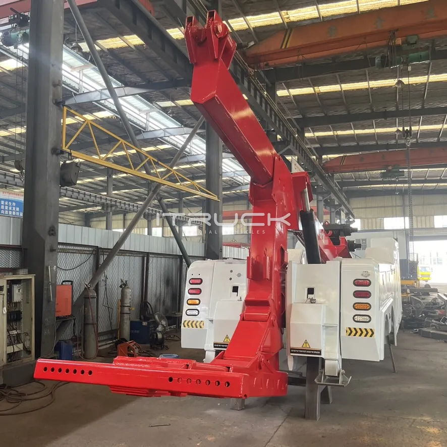 Rear view with boom raised upright and underlift crossbar extended