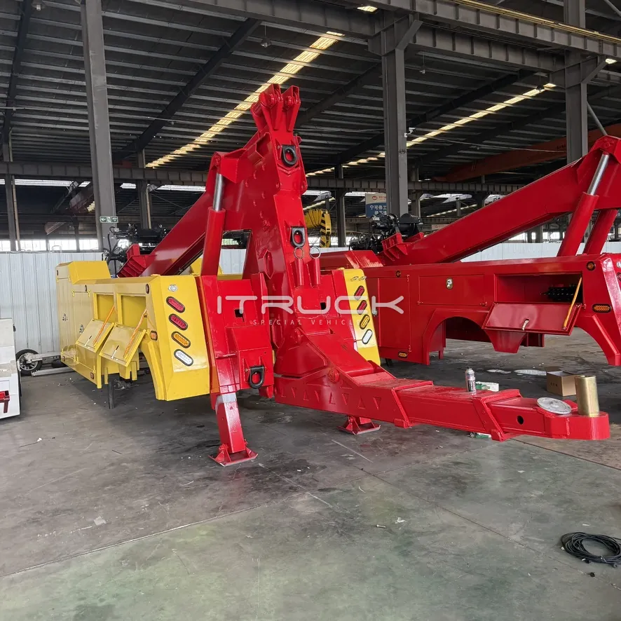 Red and yellow integrated wrecker body from the rear quarter