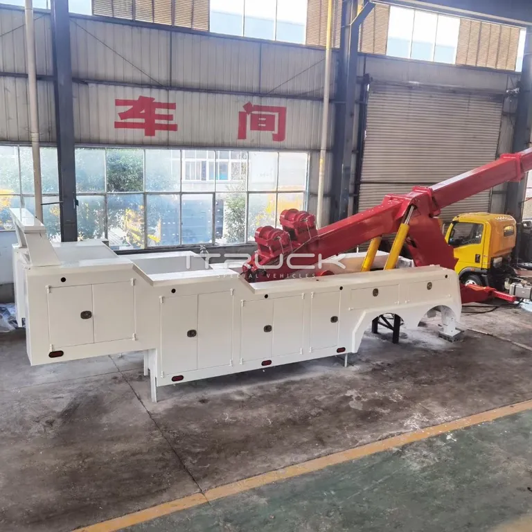 50 t integrated wrecker body with red boom raised, before fitting
