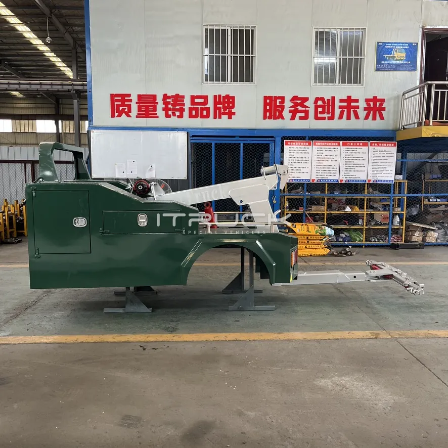 Mini wrecker body side view with boom and underlift extended