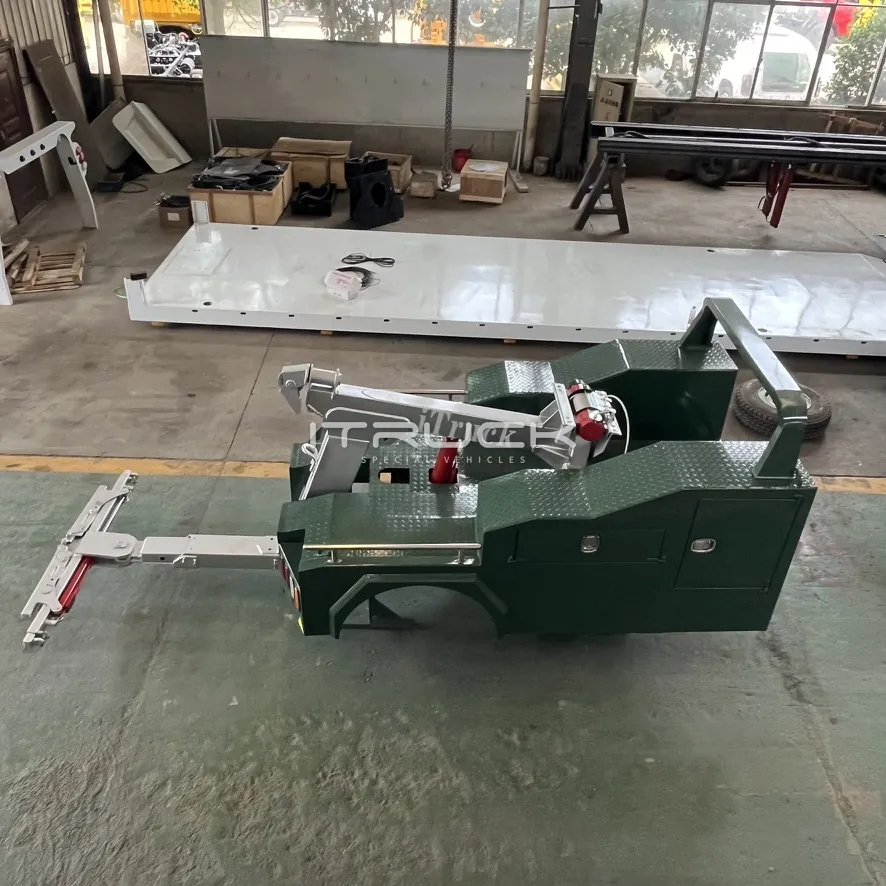 Mini integrated wrecker body in the workshop, boom folded