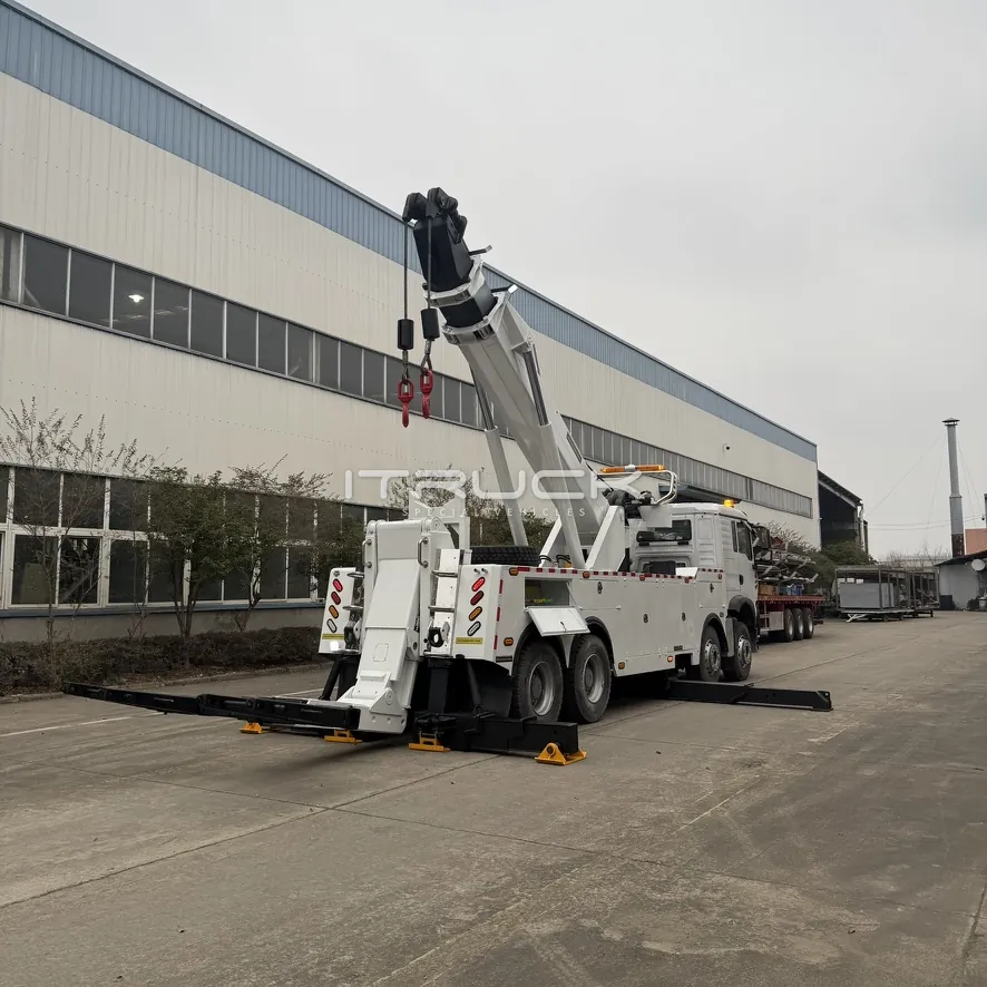 Finished rotator wrecker with boom raised and outriggers deployed