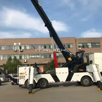 Side view of rotator with boom raised and outriggers down